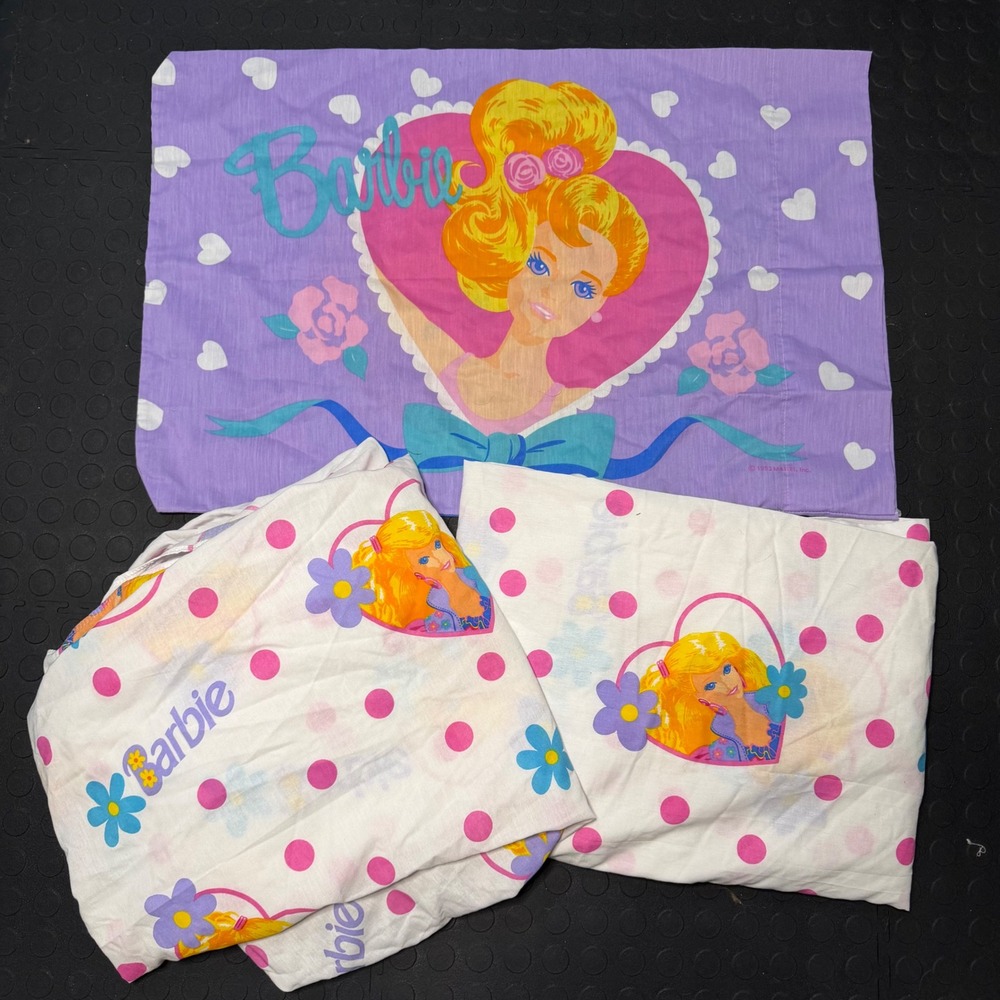 Vintage 1992 Barbie Twin Sheet Set Purple Heart Polka Dot 3pc Mattel Stevens USA